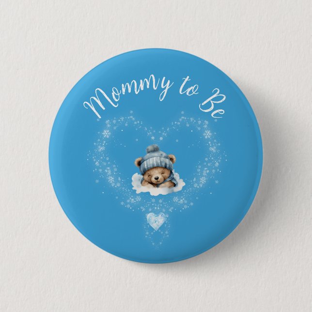 Snow Excited Blue Teddy Bear Baby Shower Button (Front)