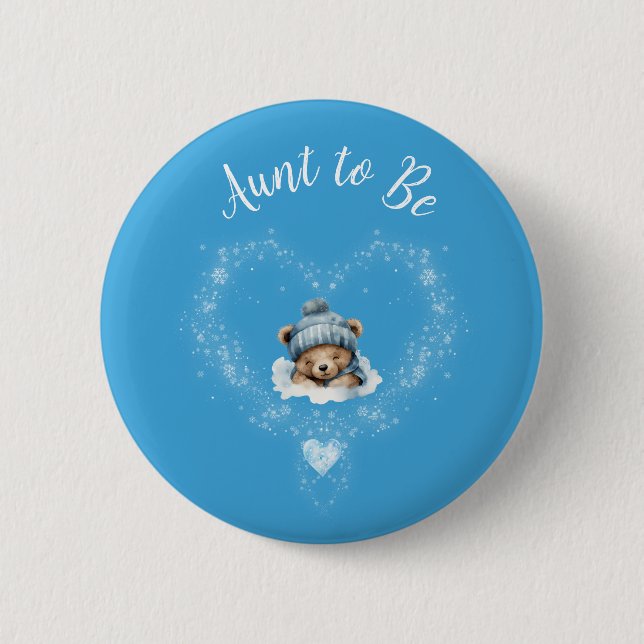 Snow Excited Blue Teddy Bear Baby Shower Button (Front)