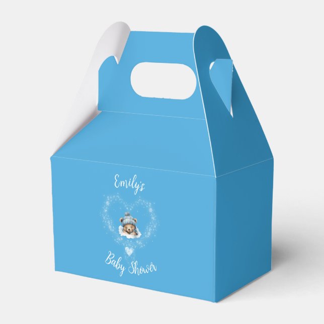Snow Excited Blue Teddy Bear Baby Shower Favor Boxes (Front Side)