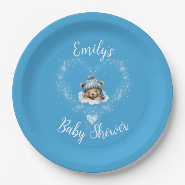 Snow Excited Blue Teddy Bear Baby Shower Paper Plates (Front)