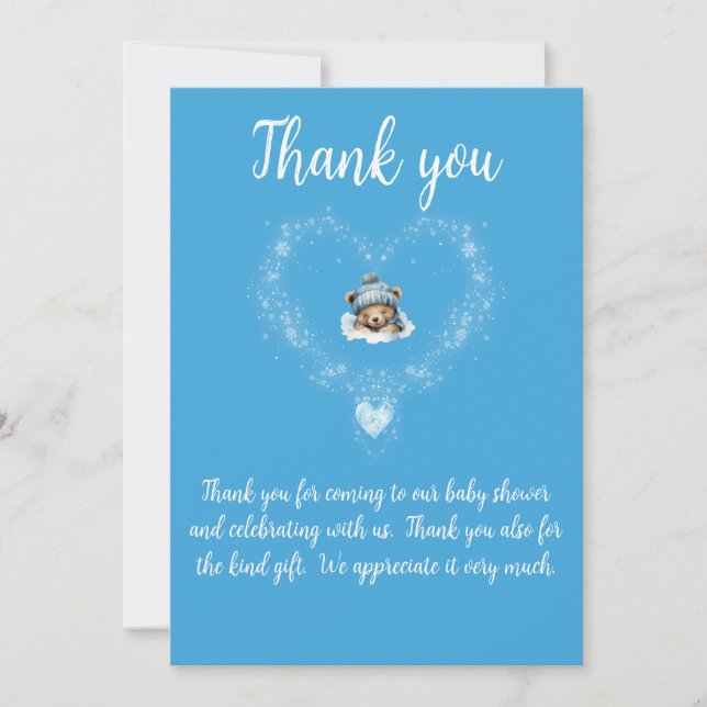 Snow Excited Blue Teddy Bear Baby Shower Thank You Card (Front)