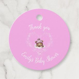 Snow Excited Pink Teddy Bear Baby Shower Favor Tags