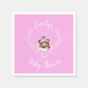 Snow Excited Pink Teddy Bear Baby Shower Napkins