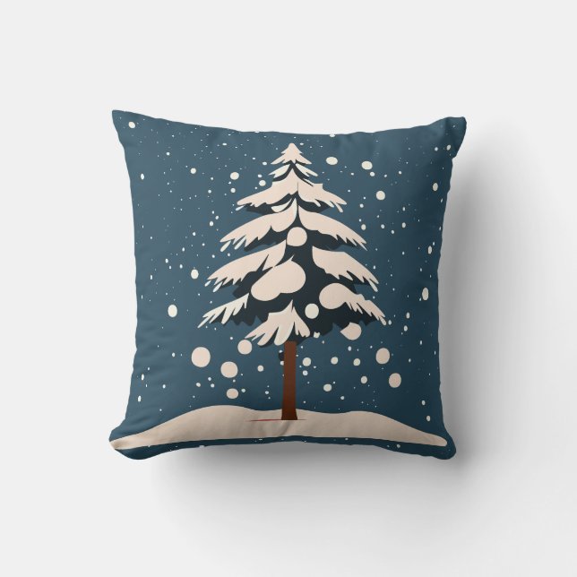 Snow Fall and Pine Tree Throw Pillow (Front)