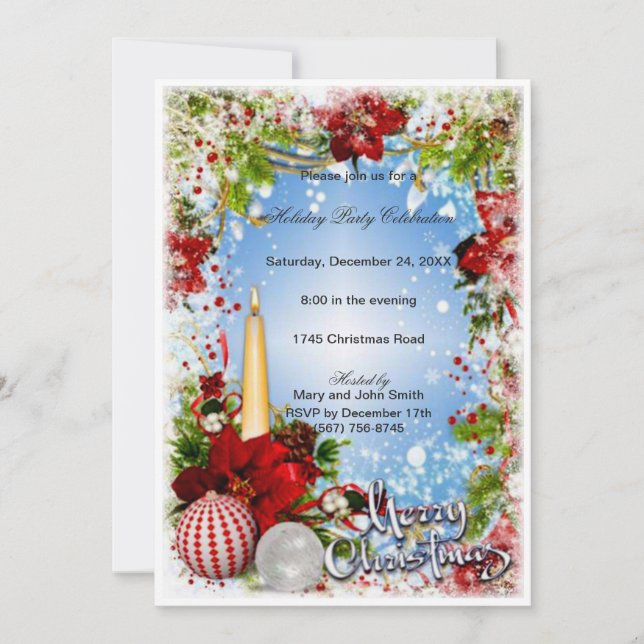 Snow Fall Candles Baubles Christmas Party Invite (Front)