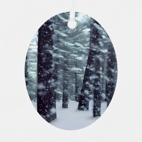 Snow fall in a pine tree forest metal ornament
