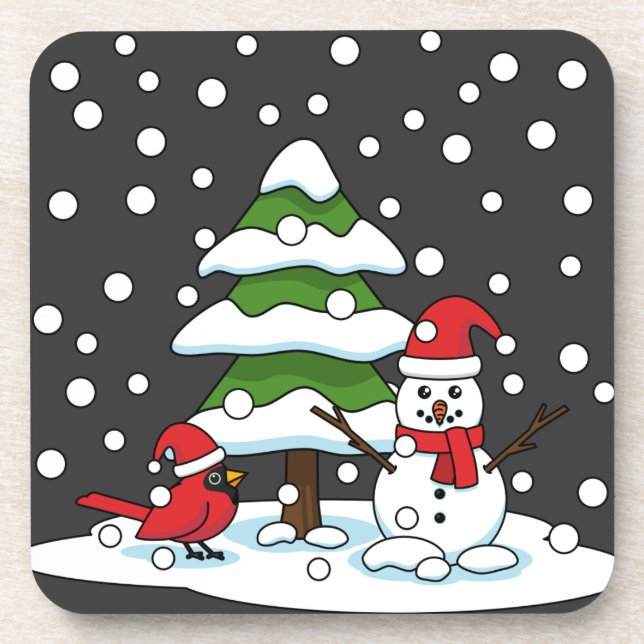 Snow Falling on Cardinal, Snowman and Pine Tree Beverage Coaster (Front)