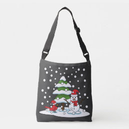 Snow Falling on Cardinal, Snowman and Pine Tree Crossbody Bag