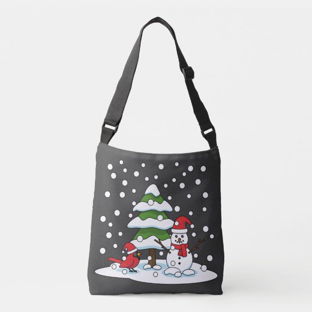 Snow Falling on Cardinal, Snowman and Pine Tree Crossbody Bag (Front)