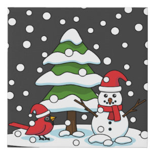 Snow Falling on Cardinal, Snowman and Pine Tree Faux Canvas Print