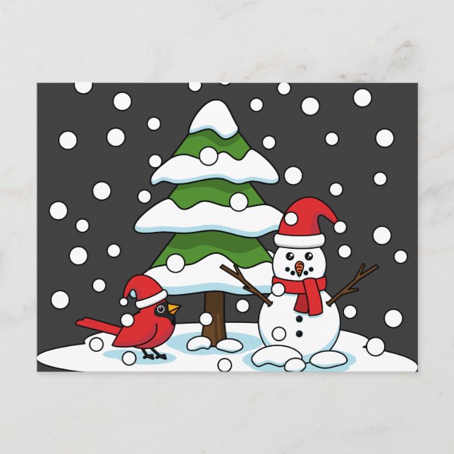 Snow Falling on Cardinal, Snowman and Pine Tree Holiday Postcard (Front)