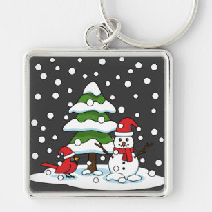 Snow Falling on Cardinal, Snowman and Pine Tree Keychain