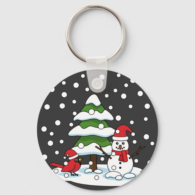 Snow Falling on Cardinal, Snowman and Pine Tree Keychain (Front)