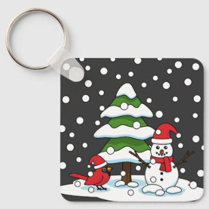 Snow Falling on Cardinal, Snowman and Pine Tree Keychain