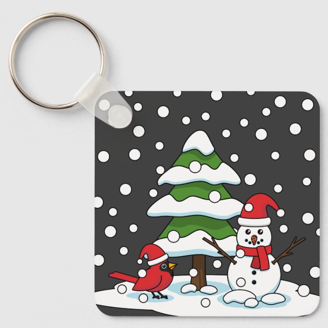 Snow Falling on Cardinal, Snowman and Pine Tree Keychain (Front)