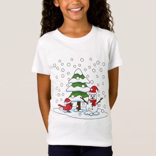 Snow Falling on Cardinal Snowman and Pine Tree T_Shirt