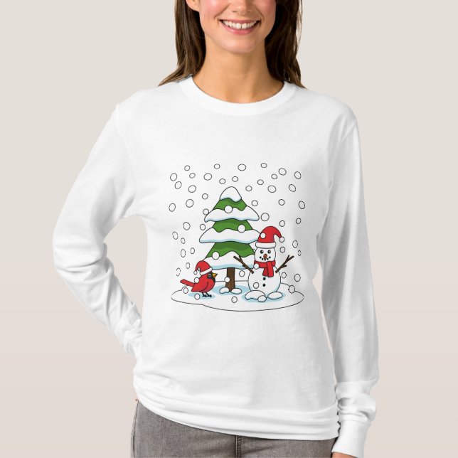 Snow Falling on Cardinal, Snowman and Pine Tree T-Shirt (Front)
