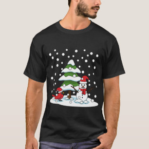 Snow Falling on Cardinal, Snowman and Pine Tree T-Shirt