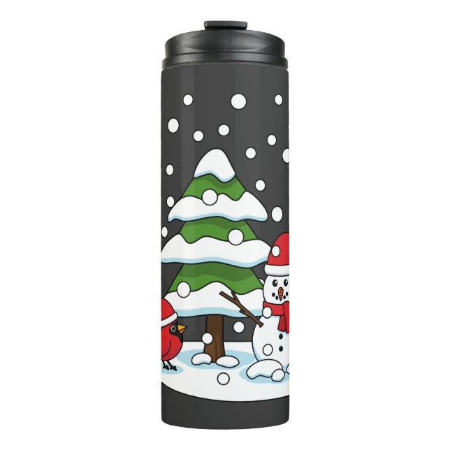 Snow Falling on Cardinal, Snowman and Pine Tree Thermal Tumbler (Front)
