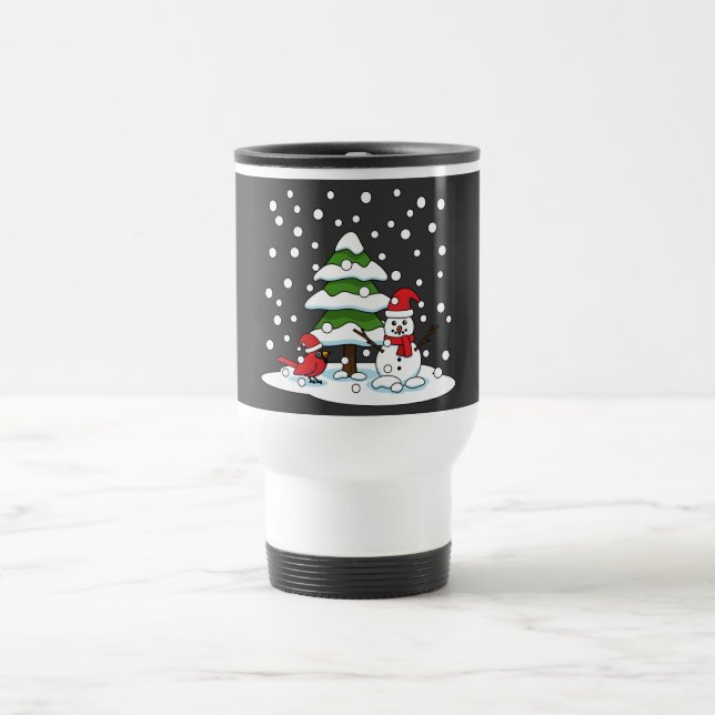 Snow Falling on Cardinal, Snowman and Pine Tree Travel Mug (Center)