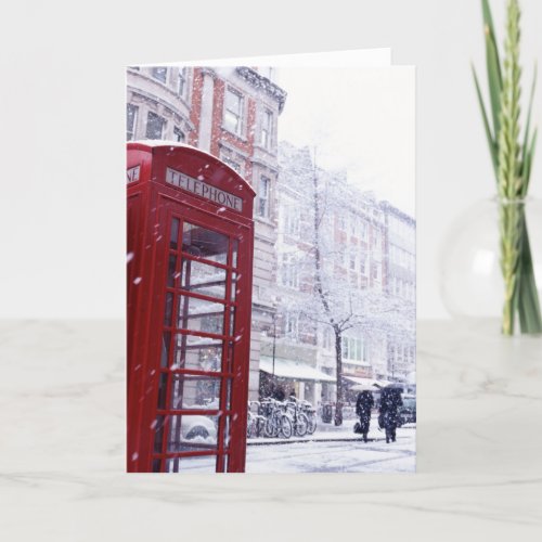 Snow Falling on Red Telephone Box Holiday Card