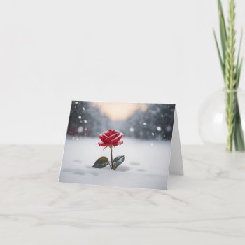 Snow Falling Over Frozen Red Rose Flower Card by sirylok at Zazzle