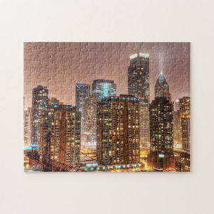 Snow falls over skyline at evening in Chicago Jigsaw Puzzle