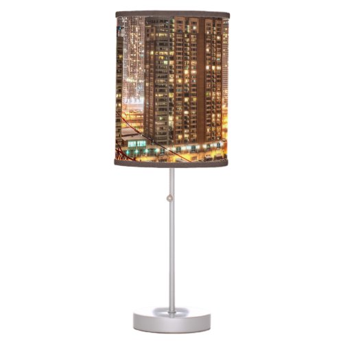 Snow falls over skyline at evening in Chicago Table Lamp