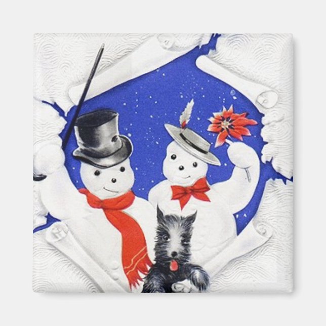 Snow Family & Dog Vintage Magnet (Front)