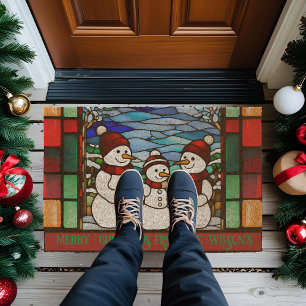Snow Family Faux Stained Glass Fiber Doormat