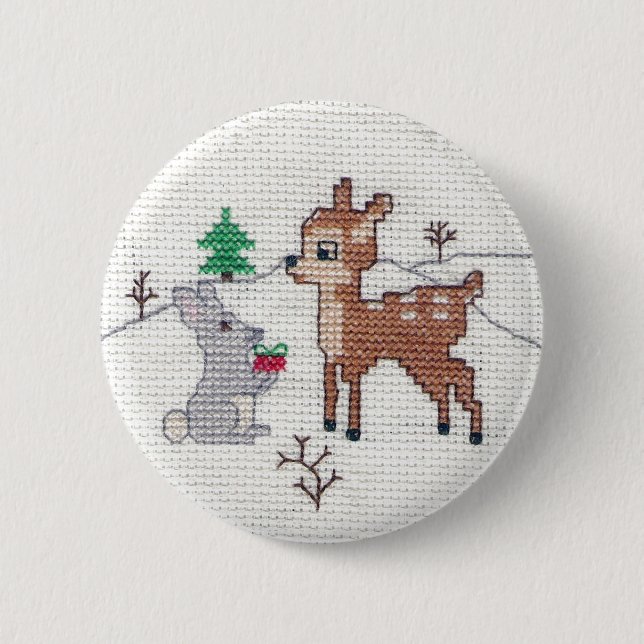 Snow Fawn and bunny Cross Stitch Pinback Button (Front)