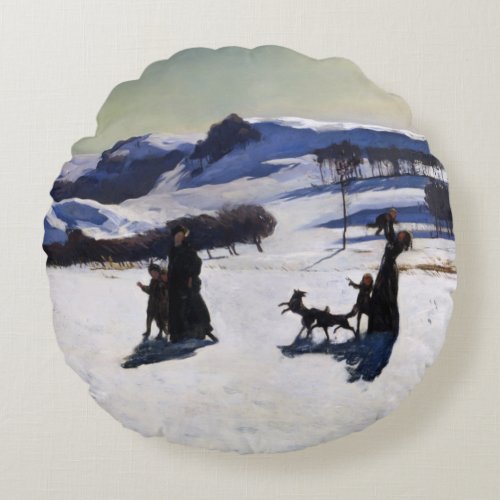 Snow Fields Winter in the Berkshires Rockwell Kent Round Pillow