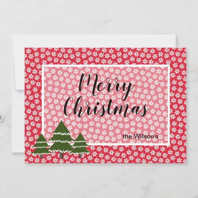 Snow Flakes And Evergreen Trees Flat Holiday Card (Front)