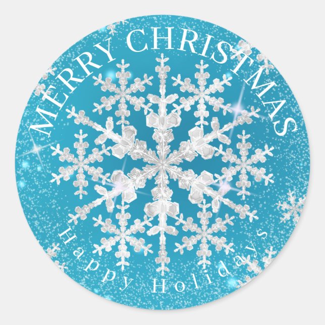 Snow Flakes Aqua White  Classic Round Sticker (Front)