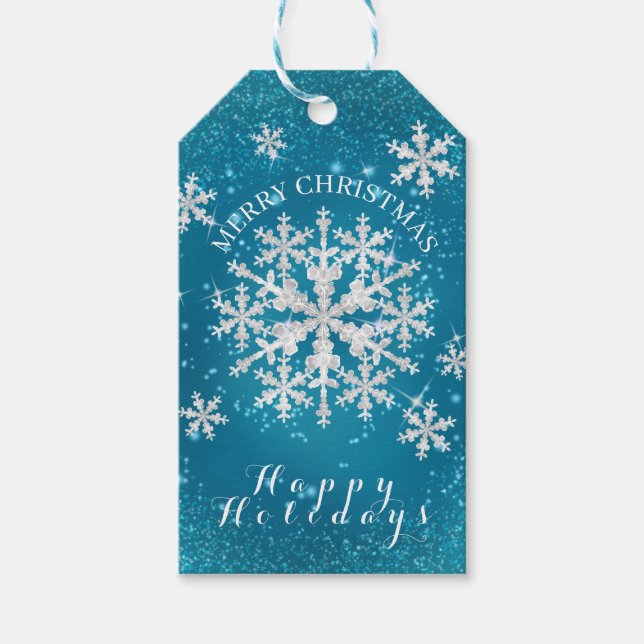 Snow Flakes Aqua White Gift Tags (Front)