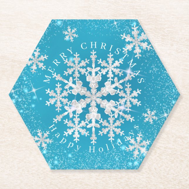 Snow Flakes Aqua White Paper Coaster (Front)