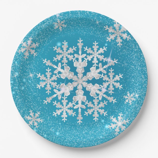 Snow Flakes Aqua White  Paper Plates (Front)