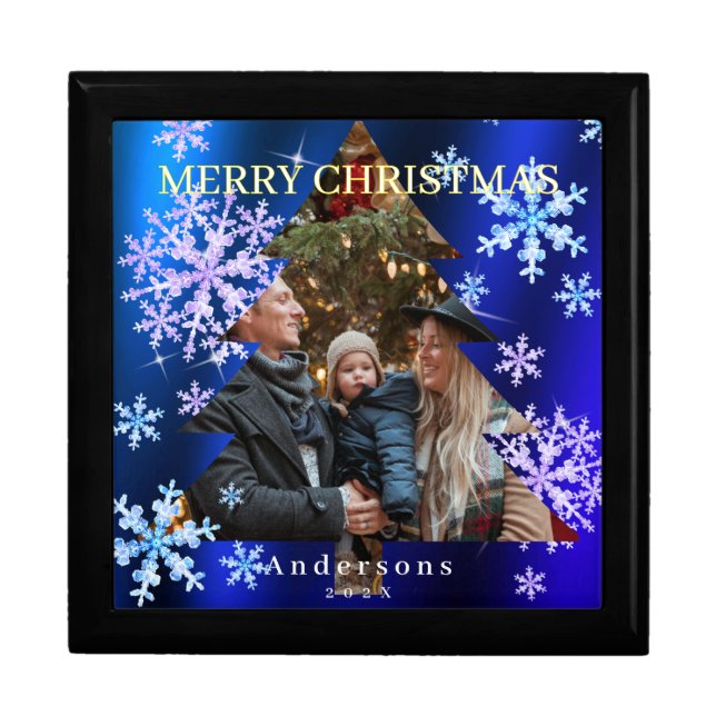 Snow Flakes Merry Christmas Blue Gift Box (Front)