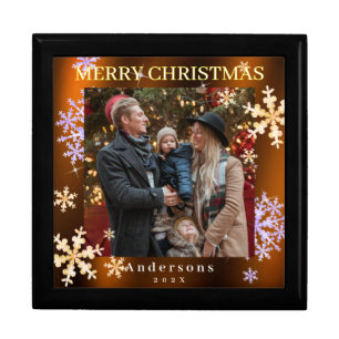 Snow Flakes Merry Christmas Gold Brown Gift Box