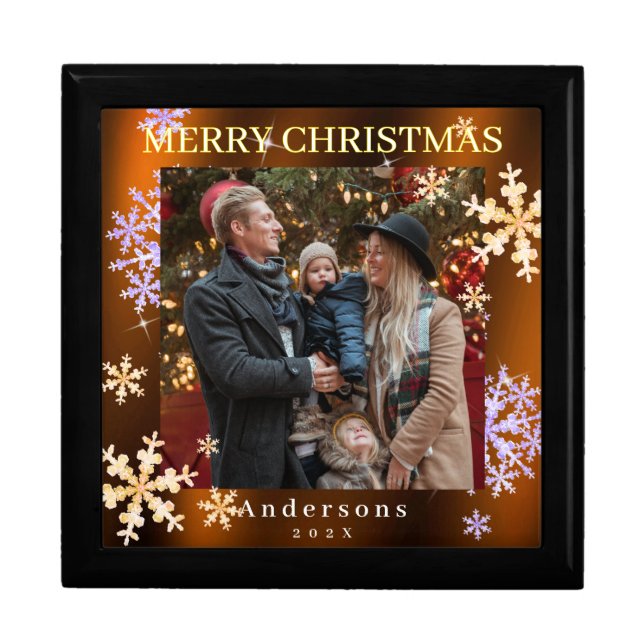 Snow Flakes Merry Christmas Gold Brown Gift Box (Front)