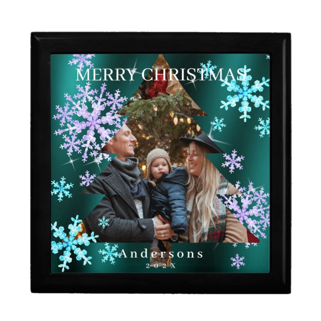 Snow Flakes Merry Christmas Green Gift Box (Front)