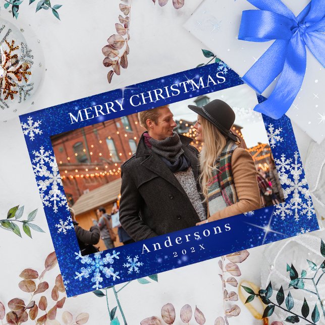 Snow Flakes Merry Christmas Marine Blue Magnetic Frame (Snow Flakes Merry Christmas Marine Blue Magnetic Picture Frame.)