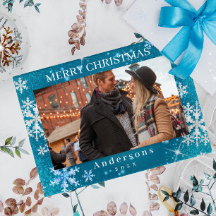 Snow Flakes Merry Christmas Teal Magnetic Frame
