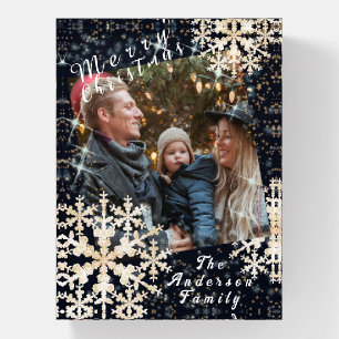 Snow Flakes Photo Black Gold Paperweight