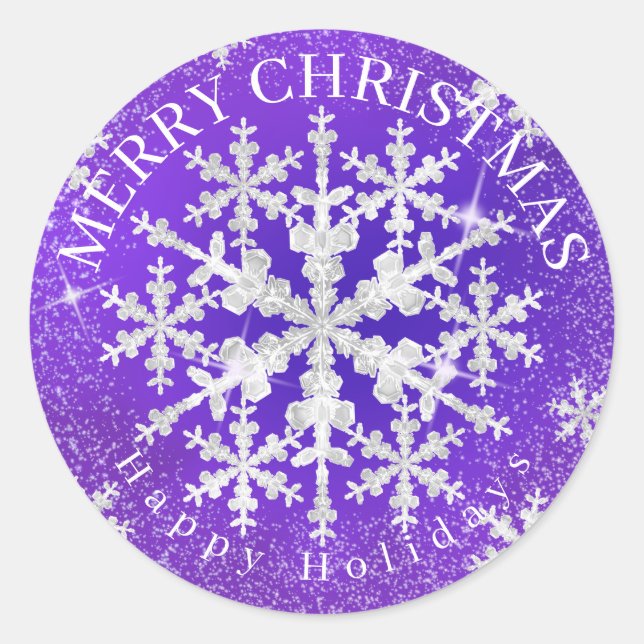 Snow Flakes Purple White  Classic Round Sticker (Front)