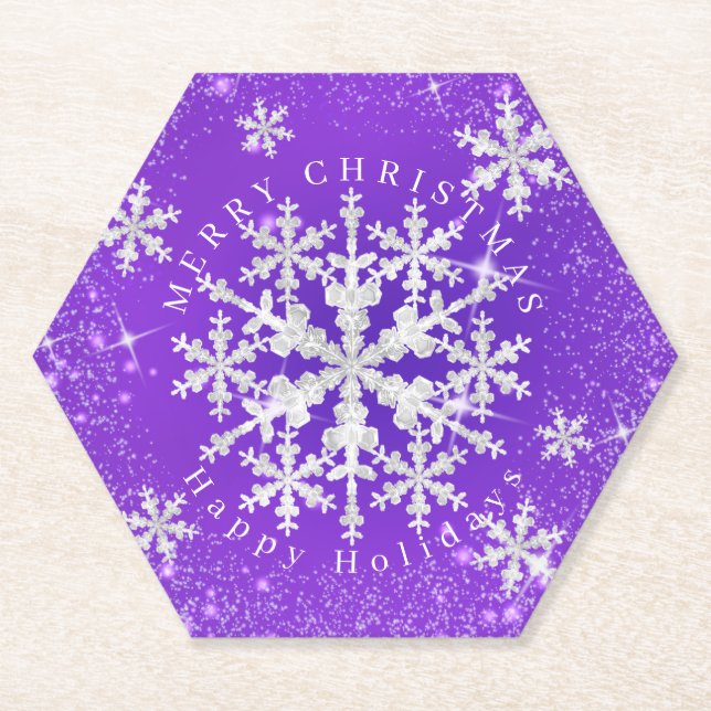 Snow Flakes Purple White Paper Coaster (Front)