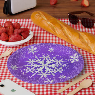 Snow Flakes Purple White Paper Plates