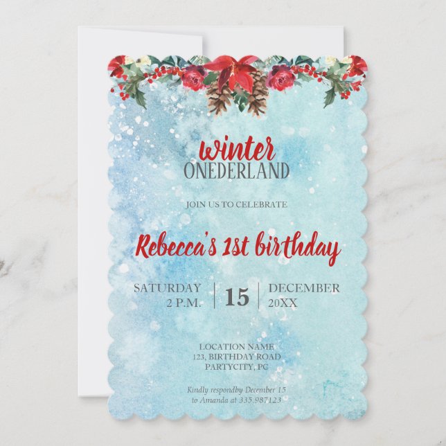 Snow Floral Winter ONEderland 1st birthday Invitation (Front)