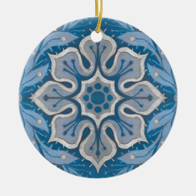 Snow flower, floral pattern, blue & gray snowflake ceramic ornament (Front)