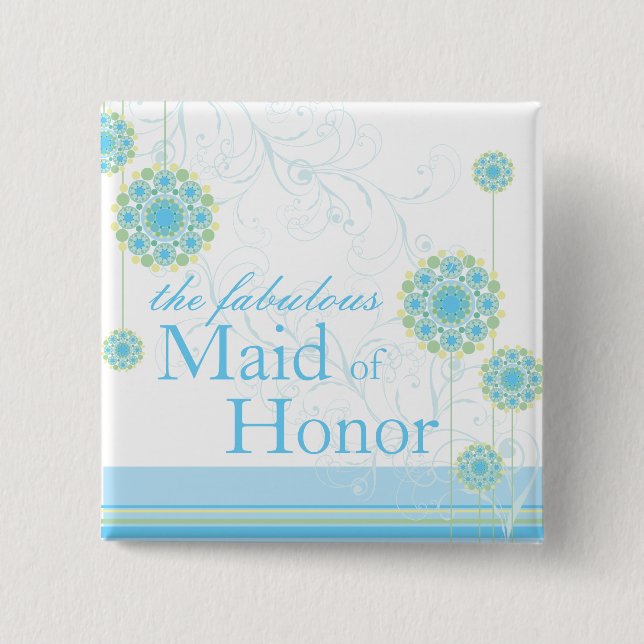 Snow Flower Swirls Blue Maid of Honor Button (Front)